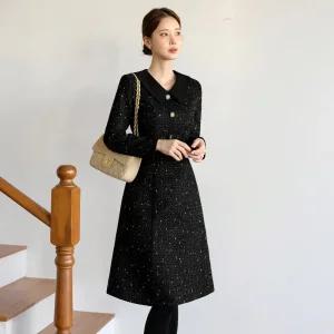 [시크라인] (~XXL까지) 네유 배색 골드펄사 트위드 원피스 겨울 하객룩 오피스룩 모임룩 격식룩 연말룩 빅사이즈