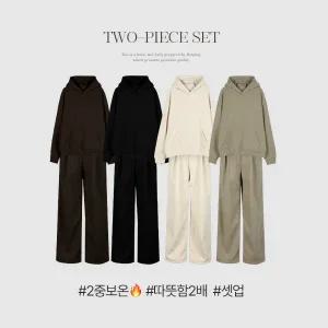 핫핑 [기모셋업][2way] 델리즈 코듀로이 오버핏 기모 후드티 + 핀턱 밴딩 와이드팬츠 set