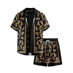 VIPWOLF 남성용 2피스 숏 세트 반팔 버튼 다운 셔츠와 드로스트링 허리 반바지 휴가 의상