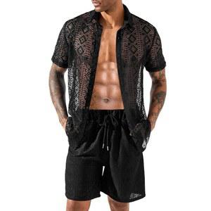 렉기 남성 여름 캐주얼 숏 세트 레이스 반팔 버튼 다운 셔츠 엘라스틱 허리 반바지 2피스 의상 트랙수트