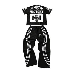 고글리터 남성용 2피스 비치 바캉스 의상 번호 프린트 반팔 저지 셔츠 드로스트링 허리 팬츠 세트