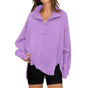 여성용 러브조프 오버사이즈 스웨트셔츠 트렌디 버튼 헨리넥 풀오버 긴팔 상의 캐주얼 가을 옷 XS-XL