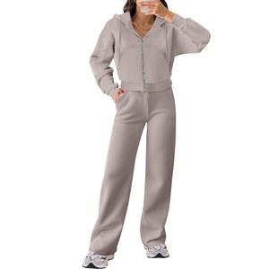 ANRABESS 여성 2피스 의상 트레이닝복 집업 크롭 후드 스웨트 팬츠 라운지 매칭 세트 2024 겨울 트렌디 의류