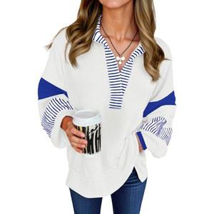 피소우 여성 컬러 블록 오버사이즈 스웨트셔츠 폴로 V넥 긴팔 셔츠 캐주얼 루즈 풀오버 상의