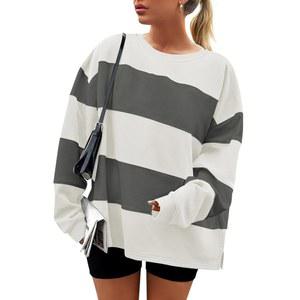 제시카 여성 가을 스웨트셔츠 상의 크루넥 긴팔 루즈 오버 스트라이프 플리스 풀오버 2025 의류