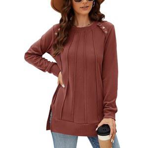 오도살리 여성 긴팔 상의 크루넥 스웨트셔츠 플리츠 프론트 스웨터 플레인 셔츠 트렌디한 사이드 스플릿 가을 의상