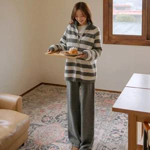 레이 스트라이프 집업+니트팬츠 세트