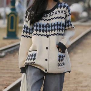 아가일 패턴 니트 가디건 오버핏 긴팔 라운드넥 여성 빅사이즈