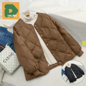 누빔패딩 노카라 외투 크림 오버핏 루즈핏 간절기 방한 단추 웰론 여성 경량 라운드 패딩 재킷 다이아몬드