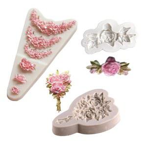 웨딩 케이크 장식 컵케이크 토퍼 캔디 초콜릿 껌 페이스트 폴리머 클레이를 위한 3Pcs 장미 화환 꽃다발 잎 폰던트 몰드