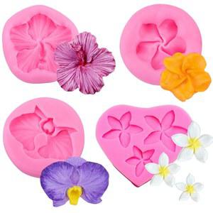 케이크 장식용 초콜릿 컵케이크 토퍼 캔디 폴리머 클레이 껌 페이스트를 위한 4Pcs 히비스커스 플라워 폰던트 몰드 플루메리아 오키드 실리콘