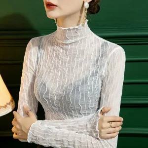 여성 레이어드 이너 시스루 긴팔티 블라우스 반폴라티