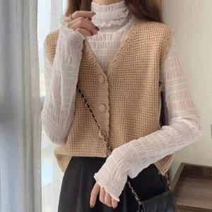 [골드스마일]여성 와플 데일리 니트 데일리룩 버튼 조끼 심플니트베스트