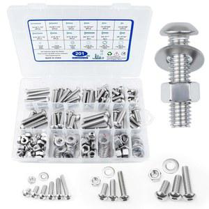 201피스 육각 버튼 헤드 캡 나사, SAE 12가지 사이즈 1/4-20 5/6-18 3/8-16 기계 나사 모음 키트, 304 스테인리스 스틸 볼트 플랫 와셔 너트 세트 케이스 포함