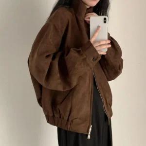 여성 하이넥 블루종 스웨이드 모카 집업 루즈핏 자켓