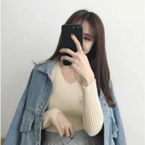 여자 티셔츠 핏 데이트 룩 긴팔 봄 슬림 브이넥 골지