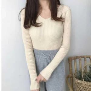 여자 데이트 티셔츠 핏 골지 룩 슬림 브이넥 봄 긴팔