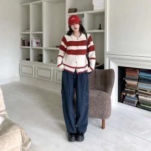 [하프클럽/]여자 우드버튼 캐쥬얼 카라넥 줄무늬 가디건