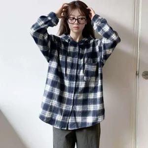 [하프클럽/]여자 빅체크 후디 빅사이즈 폭신 베이직 남방
