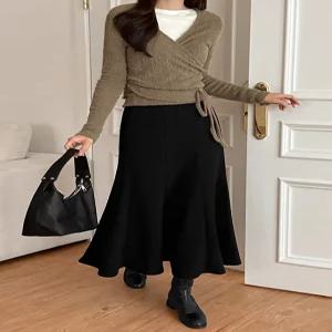 [제작] 멜트닝 밴딩 절개 머메이드 기모 롱 스커트 85431 빅사이즈 여성의류