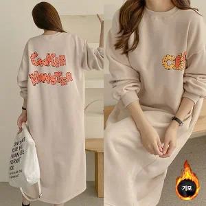 쿠키 기모 원피스 긴팔 BOX 여성 오버핏 티셔츠 (3컬러) 박시핏 빅사이즈