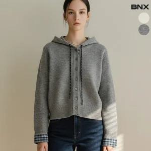 여성 체크 배색 후드 버튼 가디건