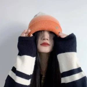 ( )오렌지 그라데이션 겨울 보온용 니트비니 패션모자
