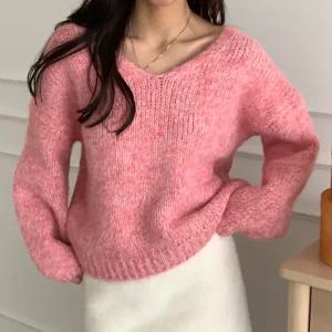 여성 V넥 보카시 벌룬핏 니트 티셔츠 21DS-WKN-5077-핑크