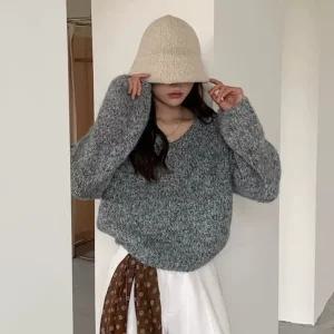 여성 V넥 보카시 벌룬핏 니트 티셔츠 21DS-WKN-5077-블랙