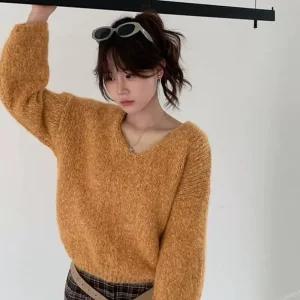 여성 V넥 보카시 벌룬핏 니트 티셔츠 21DS-WKN-5077-오렌지