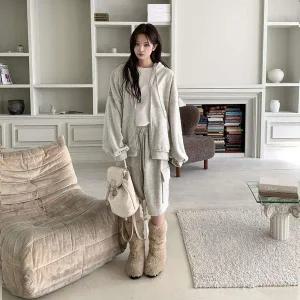 [하프클럽/]여성 루즈핏 후드 집업 카고 스타일 반바지 세트