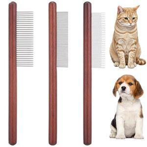 3팩의 단단한 나무 고양이 빗, 둥근 스테인리스 스틸 이빨 애완동물 빗 개 토끼 그루밍 벼룩이끼 빗으로 작은 중간 크기의 반려동물을 위한 털이 엉킴을 제거합니다