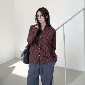 [하프클럽/]여성 잔잔 남방 빅사이즈 롱슬리브 격자 남방