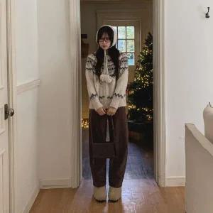 [하프클럽/]여성 울 니트 후드 집업 소매 시보리 가디건