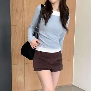 [하프클럽/]여성 앙고라 배색 레이어드 스타일 슬림 티셔츠