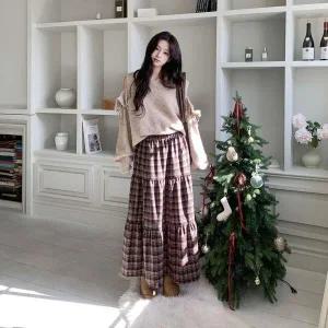 [하프클럽/]여성 격자 롱 티어드 에이라인 후레아 원피스