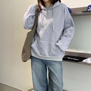 [하프클럽/]여성 캥거루 포켓 허리 배색 반집업 후드 티셔츠