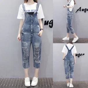빅사이즈 찢청 멜빵바지 데님 점프수트 여성의류 9948
