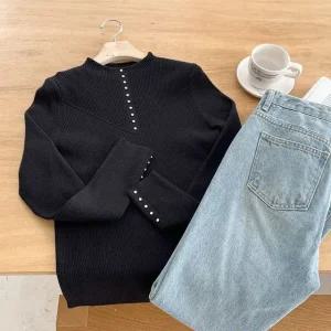 텐셀 체킹버튼 여성 하프넥 슬림핏 봄 이너 니트 티셔츠 DGB-WKN-2860-블랙