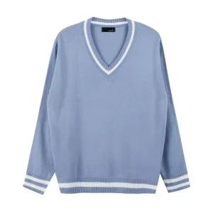 남성 캐주얼 라인 배색 브이넥 니트 SO-KN-Q022-스카이