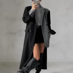 [다잇템] 여성 울 비대칭 홀리데이 혁대 콘트라스트 오버랩 누빔 롱코트