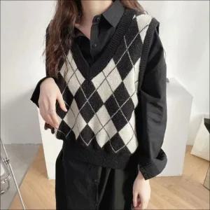 [라일리여성의류] Rly 여성 아가일 니트조끼 체크무늬 레이어드