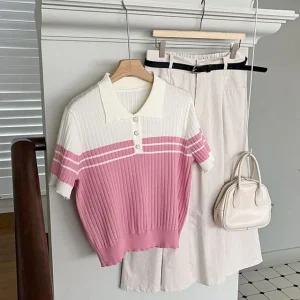 투톤 여성 카라넥 간절기 골지 세미크롭 반팔 니트 티셔츠 JR-WKN-3047-핑크