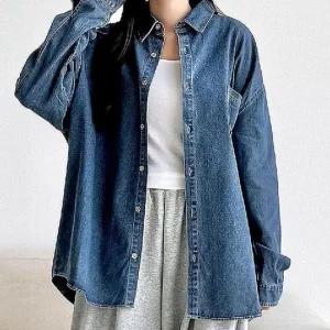 [라일리의류] Rly 남녀공용 오버핏 데님 셔츠 청남방 캐주얼룩  43642351)