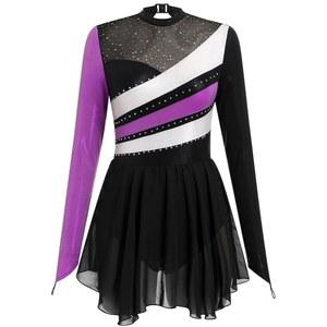 여성용 긴팔 글리터 발레 댄스 드레스를 위한 VOM 피겨 스케이팅 드레스 서정적인 체조 대회 레오타즈