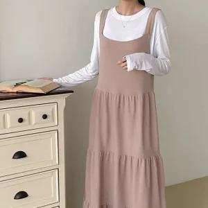 멜빵 국산 여성 이지웨어 등원룩 민소매 플레어 롱원피스 ARA-WDR-3090-베이지