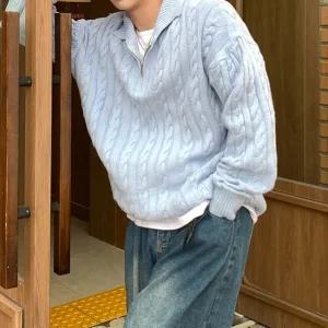 [피팅남]남자 켄헤 오버핏 꽈배기 케이블 반집업 니트 4컬러