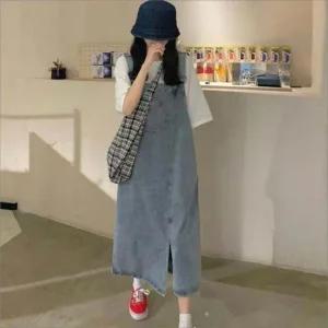 [라일리여성의류] Rly 멜빵치마 데님 롱 멜빵스커트 언발 트임 캐주얼  43642982)