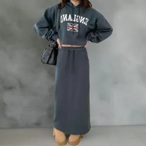 [신세계라이브쇼핑][옷자락] 여성 봄 가을 크롭 후드 긴팔 티셔츠 롱 스커트 세트