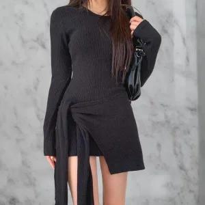 [신세계라이브쇼핑][옷자락] 여성 랩형 슬림핏 골지 니트 미니 드레스